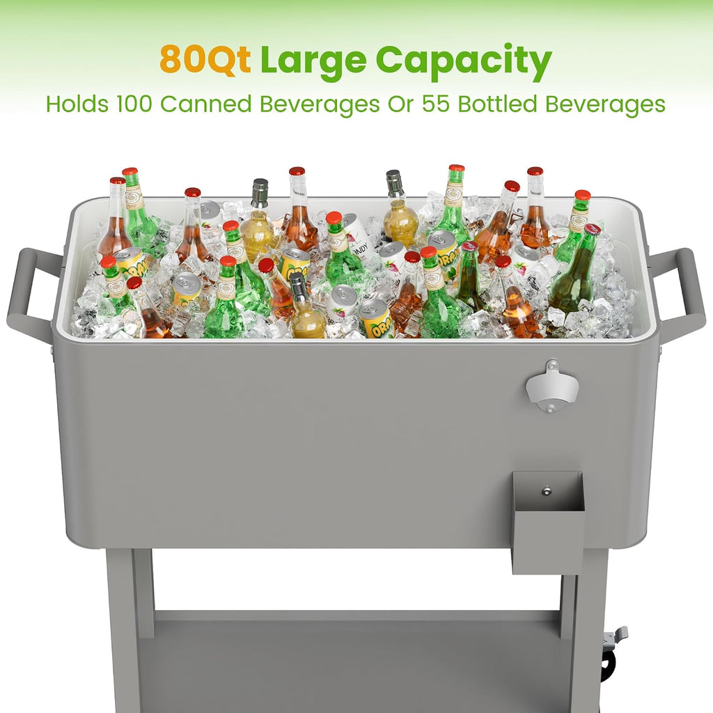 80 Quart Rolling Ice Chest Cooler Cart with Shelf, Heavy Duty Insulated Cooler Box on Wheels with Drain Plug, Weather Resistant Outdoor Party BBQ Drink Cart