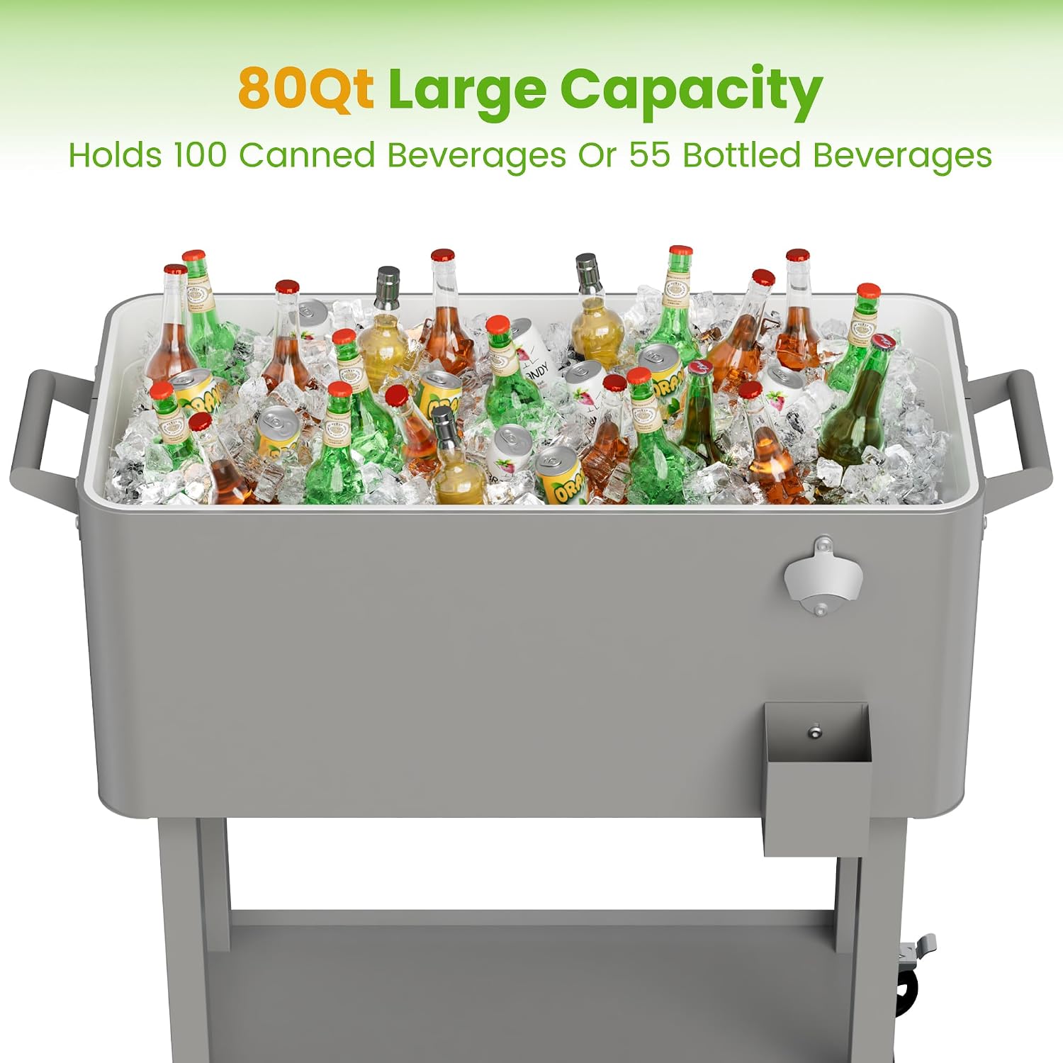80 Quart Rolling Ice Chest Cooler Cart with Shelf, Heavy Duty Insulated Cooler Box on Wheels with Drain Plug, Weather Resistant Outdoor Party BBQ Drink Cart