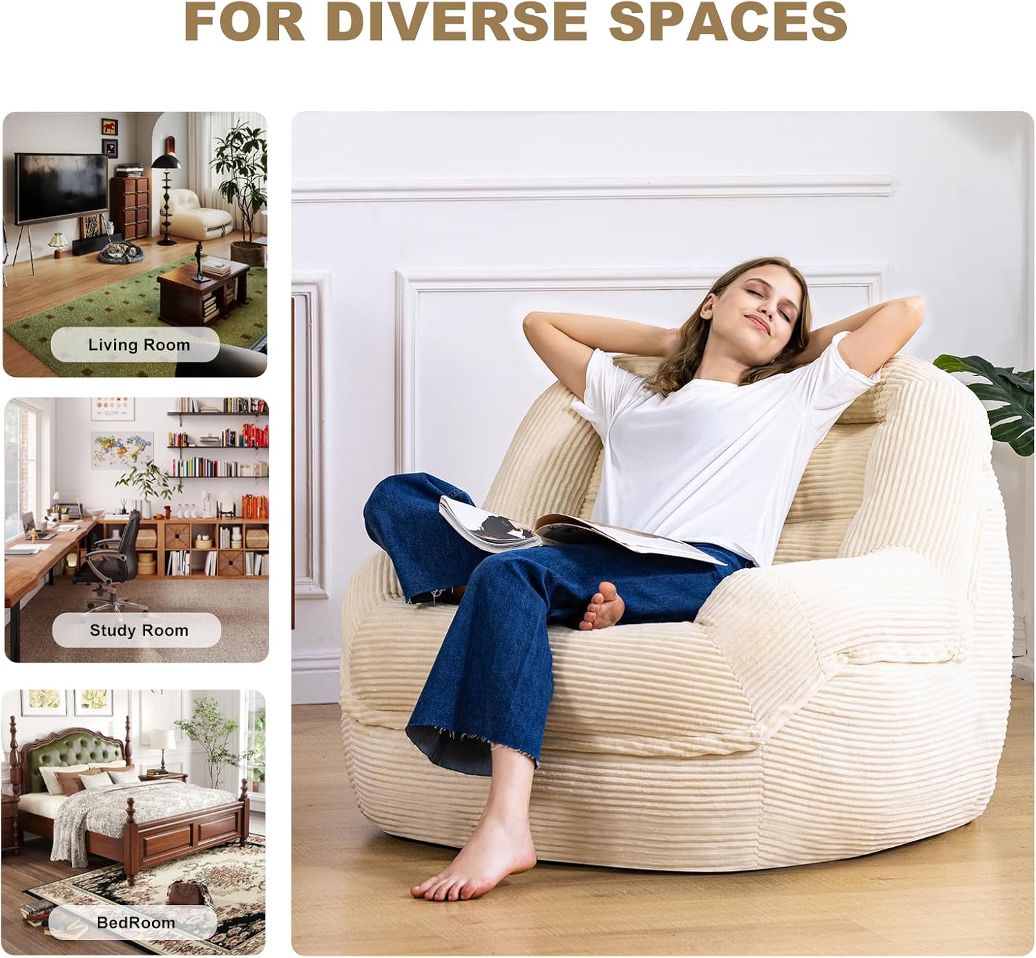 Giant Bean Bag Chair with Armrests - Oversized Cozy Seating for Adults, Corduroy Fabric & High-Resilience Foam Filling, Ideal Lounge for Living Room, Bedroom & Gaming Room (White)