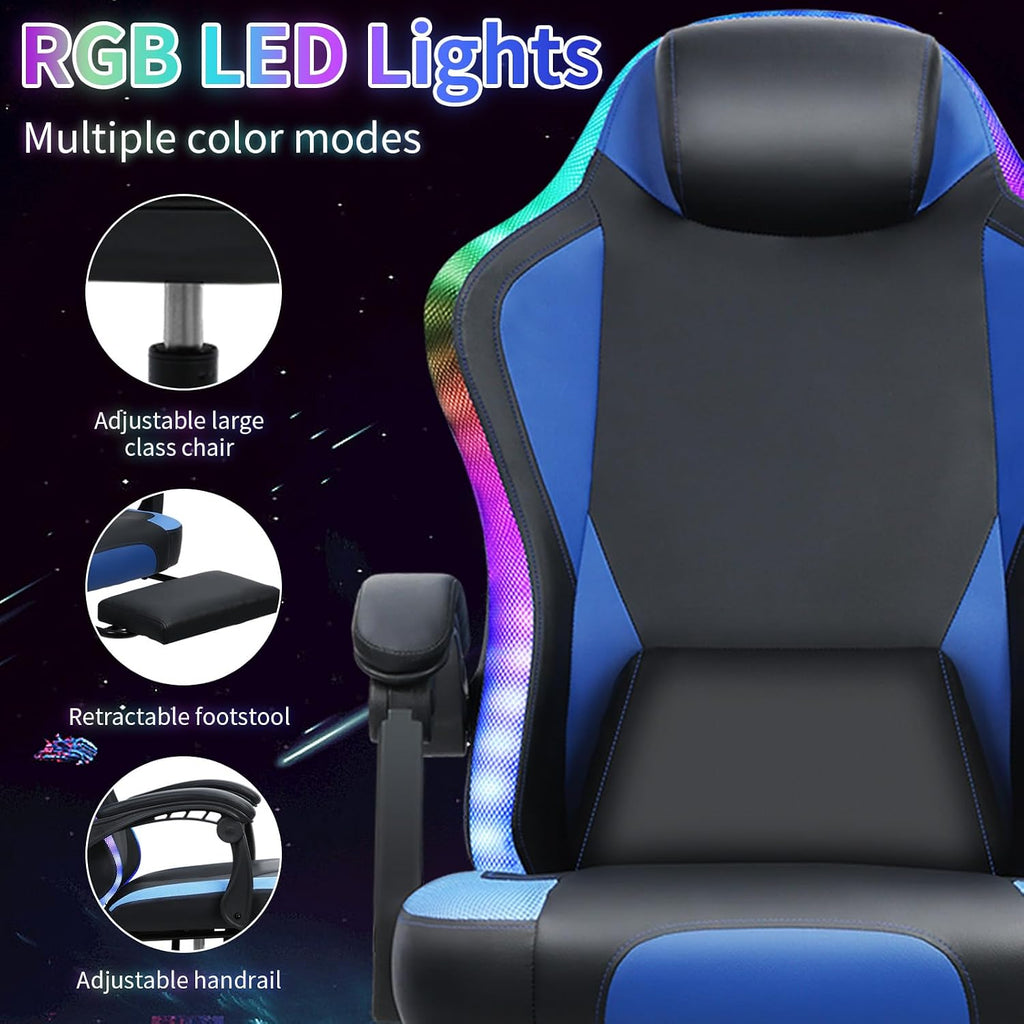 Gaming Chair with LED Lights, Gamer Chair with Height Adjustable, Ergonomic Massage Computer Gaming Chair with Footrest, Video Game Chair with Lumbar Support for Adults