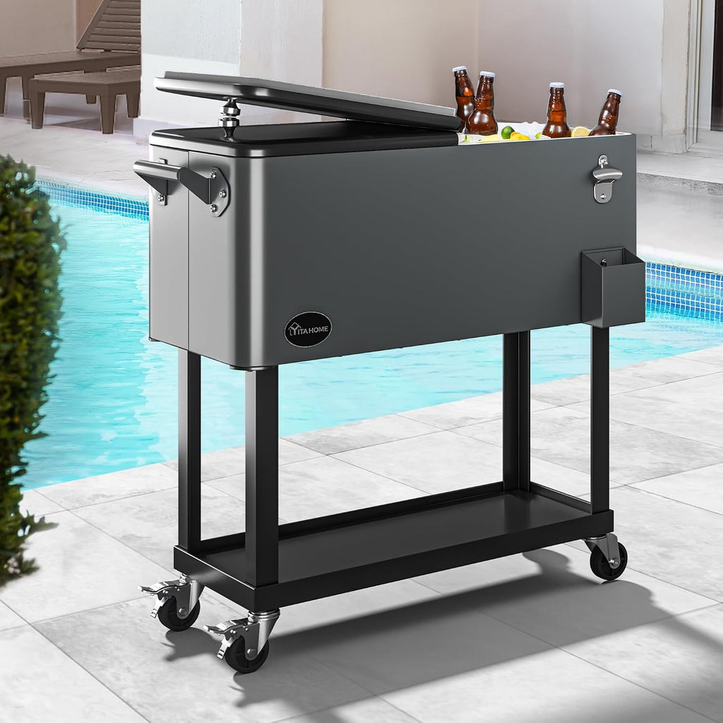 YITAHOME 80 Quart Rolling Cooler Cart with Bottle Opener Drainage, Portable Patio Cooler Rolling on Wheels, Outdoor Rolling Beverage Cart Drink Cooler for Patio Pool Deck Party BBQ Cookouts (Silver)