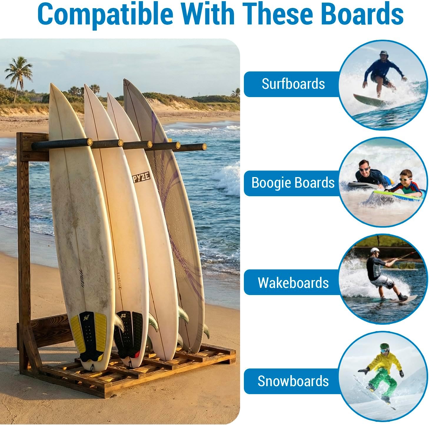 MyGift 4-Ft Tall Rustic Burnt Wood Freestanding Vertical Surfboard Rack, Wakeboard SUP Paddleboard Storage Rack - Holds up to 4 Boards