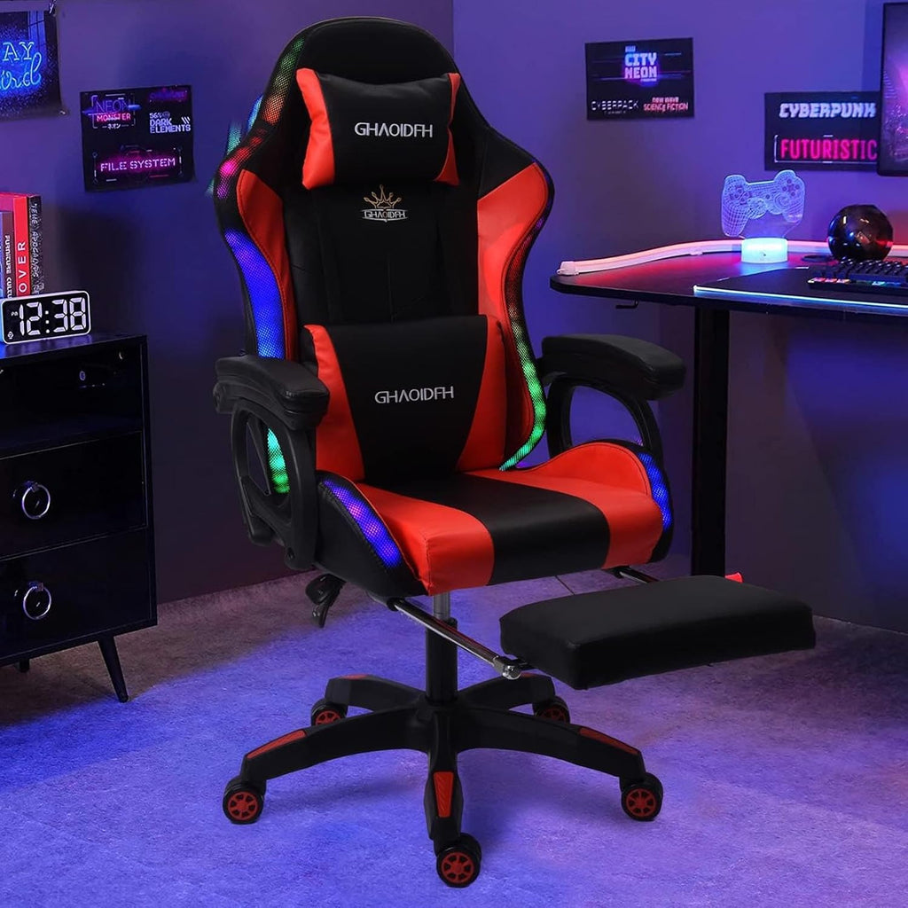 Video Gaming Chair with Footrest,Game Chair with Bluetooth Speakers,Computer Chair with LED Lights,Ergonomic Massage Gaming Chair with Massage Function,360°Swivel 90°-135° Adjustment Backrest (red)