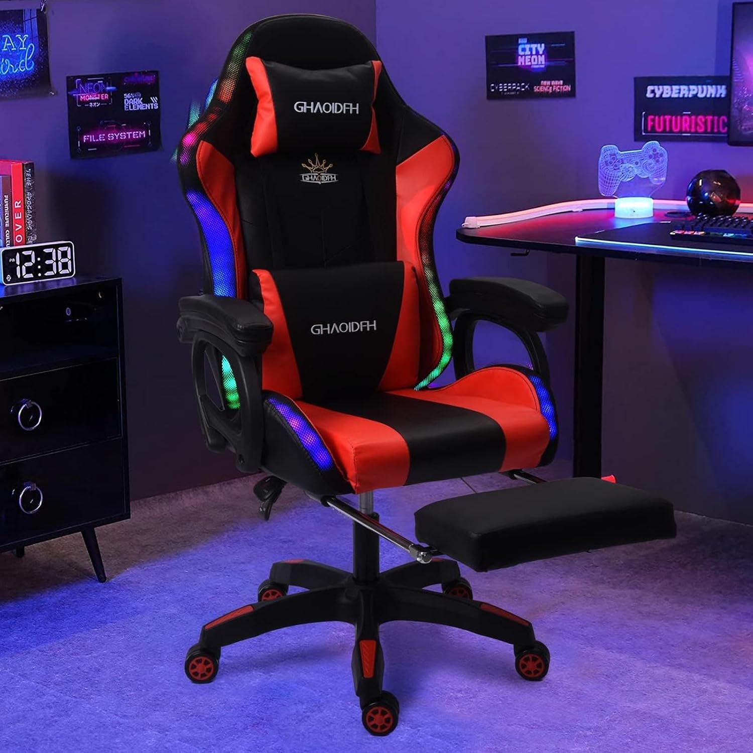 Gaming Chair with Bluetooth Speakers,Computer Chair Massage with LED Lights,Ergonomic Game Chair,Computer Stool with Footrest and Lumbar Support Height Adjustable with 360°-Swivel Seat (Red)