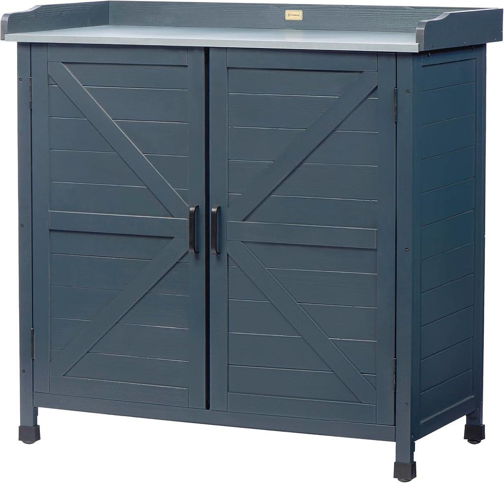 HABAU Outdoor Potting Bench with Storage Cabinet & Metal Tabletop, Wooden Garden Workstation for Patio, Weatherproof