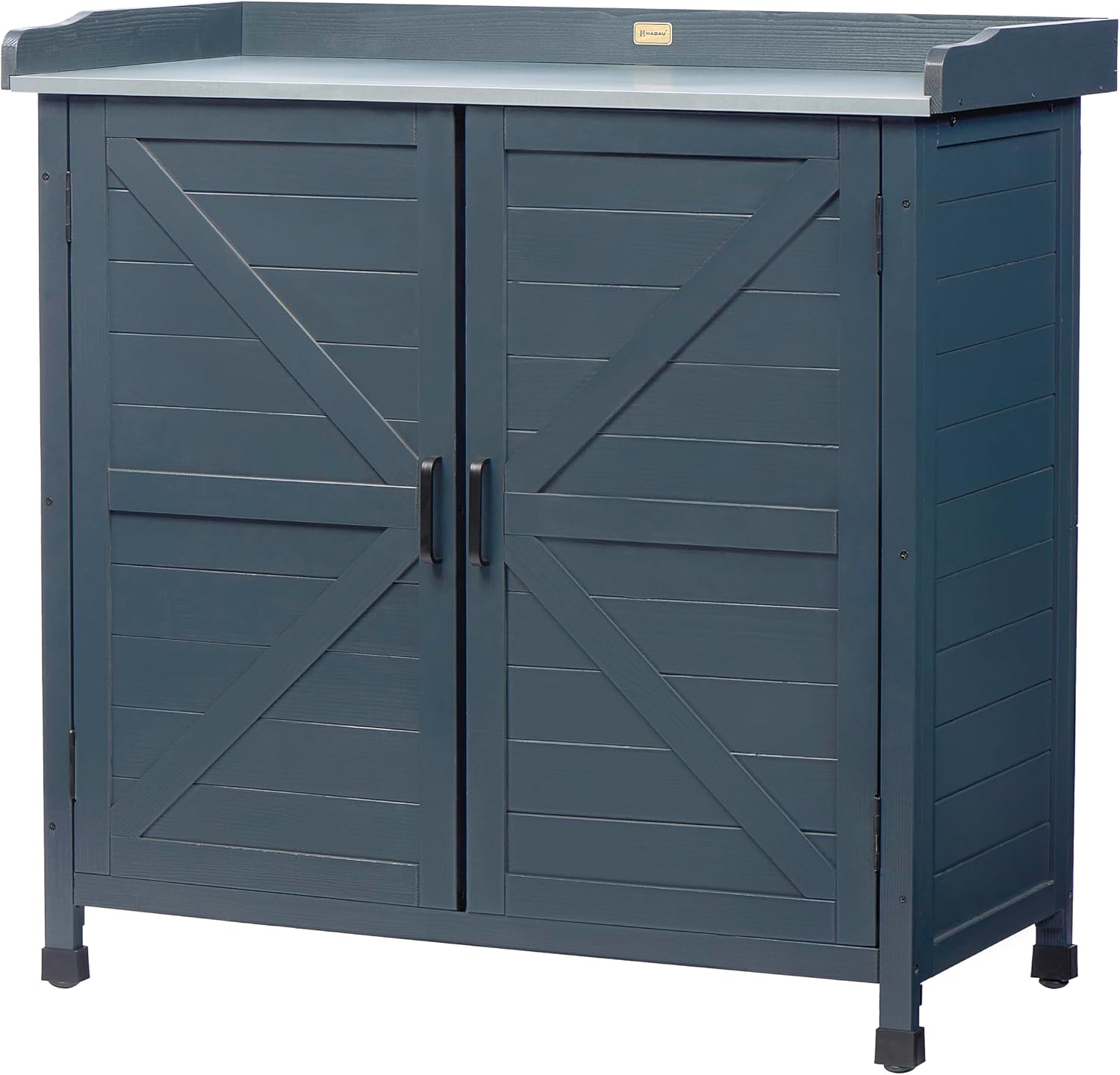 HABAU Outdoor Potting Bench with Storage Cabinet & Metal Tabletop, Wooden Garden Workstation for Patio, Weatherproof