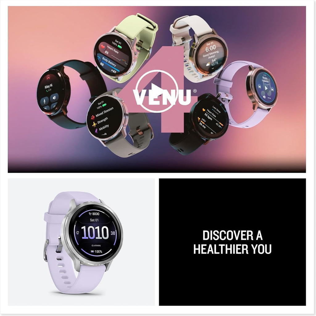 Garmin Venu® 4, 41mm, Advanced Health and Fitness GPS Smartwatch, Bright and Colorful Display, Built-in Flashlight, 10 Days of Battery Life, Silver with Periwinkle Silicone Band