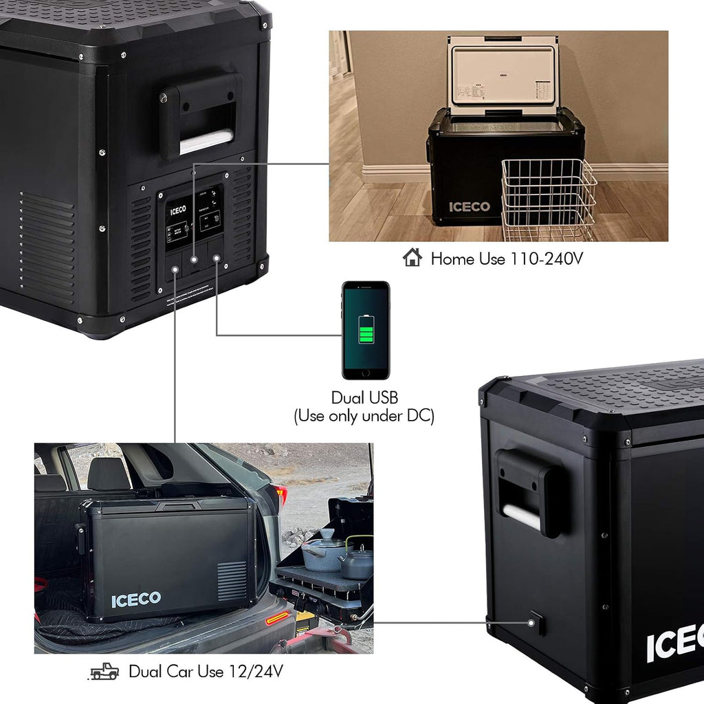 ICECO VL 60 PRO 63Quart Portable Refrigerator with SECOP Compressor, 12 Volt Freezer for Car, Home, Camping, RV, 0°F to 50°F, 12/24V DC, 100/240V AC & 12V DC Power Cable For Car Use