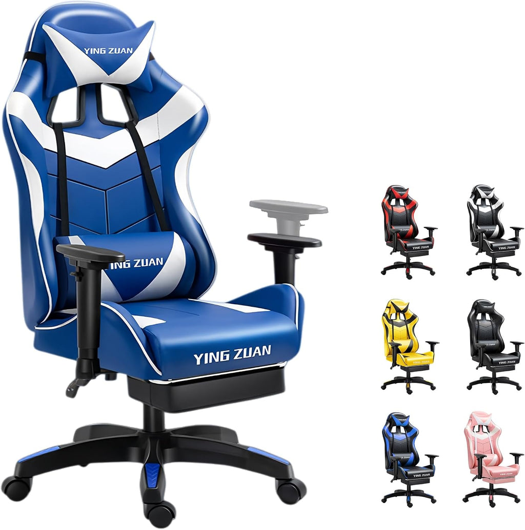 Ergonomic Gaming Chair with Latex Seat, High Back Computer Office Chair with Speakers & Massage Lumbar Support, 3D Adjustable Armrests, Retractable Footrest, 138° Reclining for Adults(Blue)