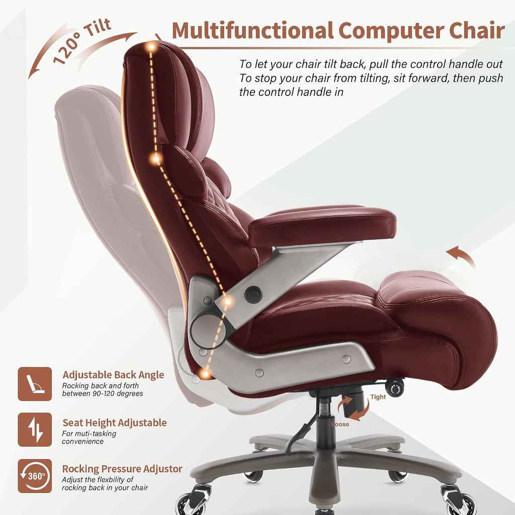 VUZI 700lbs Big and Tall Office Chair-Large Computer Chair with Adjustable Lumbar Support 3D Flip Arms Plus Size Wheels, High Back Executive Desk Chair, Heavy Duty Metal Base, Thick Padded Wide Seat