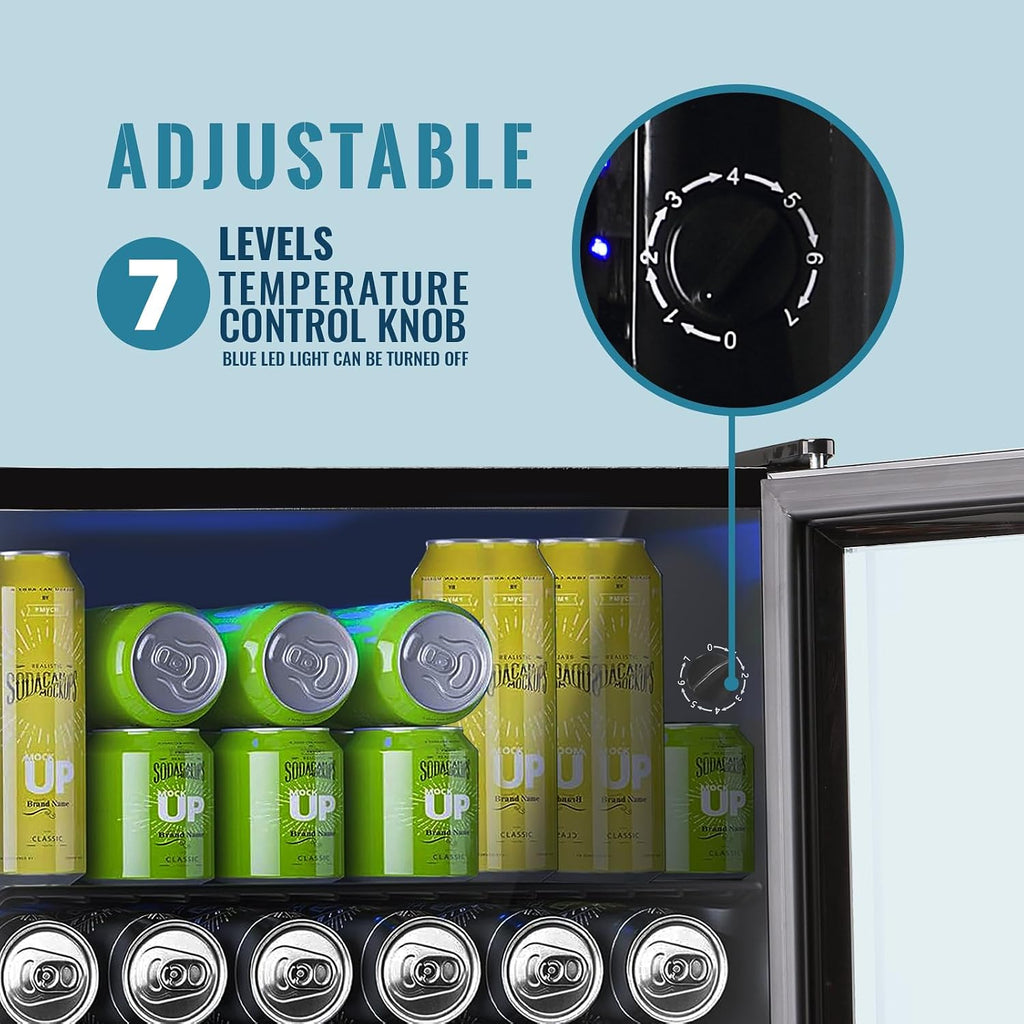 WANAI Mini Fridge Glass Door 120 Cans Beverage Refrigerator Small Wine Cooler Clear Front Drinks Fridge for Soda Beer Bar Home Office with 7 Thermostat LED Light