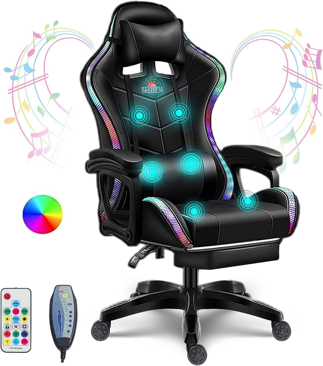 Gaming Chair with Speakers and Footrest Full Massage Computer Chair with RGB Lights Ergonomic Video Game Chair with Lumbar Support PU Leather High Back Gamer Chair for Office and Gaming,Black