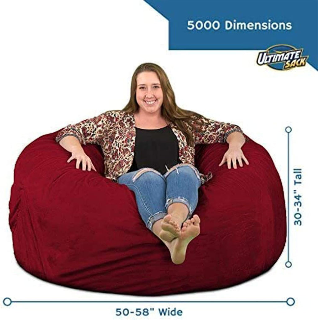 ULTIMATE SACK 5000 5-Foot Bean Bag Chair, Burgundy Suede Cover – Oversized Foam Lounger, Floor Seat, Small Sofa, or Couch Bed for Living Area, Gaming Room, or Reading Lounge