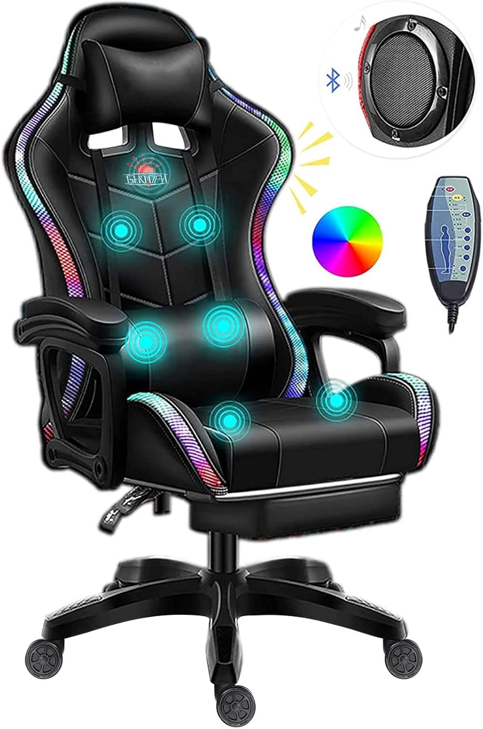 Massage Gaming Chair Racing Computer Desk Office Chair,with speakers and LED Linghts, with Headrest Lumbar Support footrest and Adjustable Armrests,360° Swivel 135° Reclining , 300LB Metal Base,Black