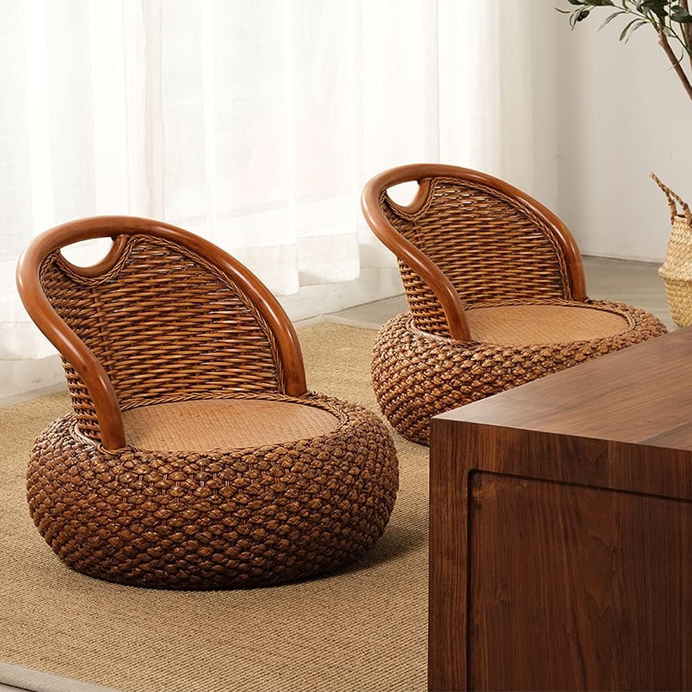 Round Rattan Floor Chair with Ergonomic Backrest - Lazy Chair Tatami Seat Meditation Futon for Home and Office Decoration (Light Brown)
