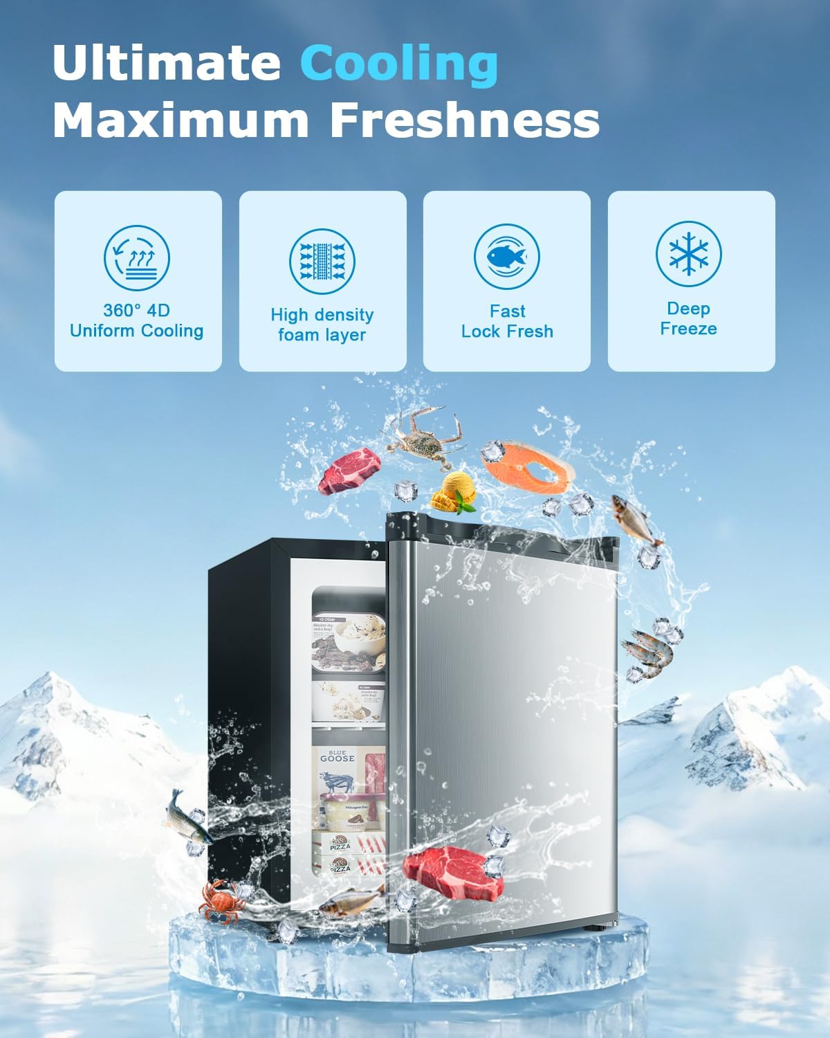Feelfunn 1.1 Cu.ft Mini Freezer - Compact Upright Freezer with 7 Adjustable Thermostat, Removable Shelf, Reversible Single Door, 360°Uniform Cooling Small freezer for Home Office Kitchen Dorm, Silver