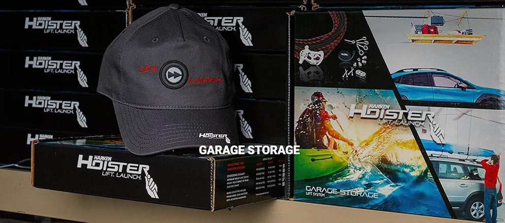HARKEN Hoister Lightweight Cargo Carrier Overhead Garage Storage 4-Point Hoist System for 60lb Carriers, Kayaks, Canoes, Surf & Paddle Boards, Storage (60lb Capacity, 10ft Ceiling), Model 7801
