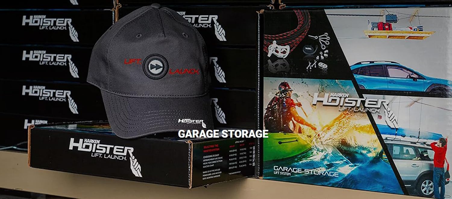HARKEN Hoister Lightweight Cargo Carrier Overhead Garage Storage 4-Point Hoist System for 60lb Carriers, Kayaks, Canoes, Surf & Paddle Boards, Storage (60lb Capacity, 10ft Ceiling), Model 7801