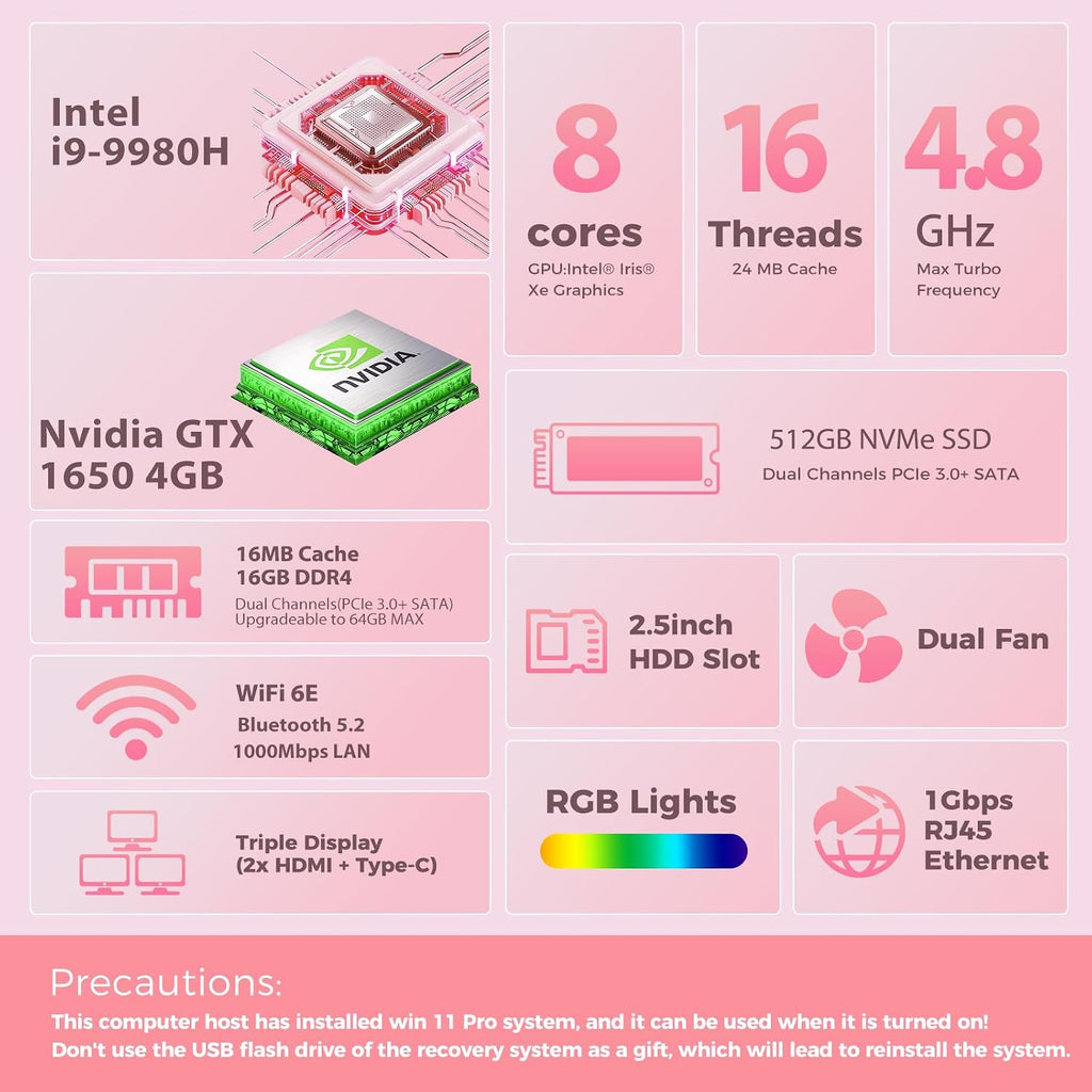 sinbun Mini Gaming PC, in-tel Core i9-9980HK(8C/16T, Max 4.8GHz), GeForce GTX1650 4G RGB Lights Gaming Computer, 16GB RAM 512GB SSD, Triple 4K Display, WiFi 6E BT 5.3, 1G LAN, Windows 11 Pro, Pink