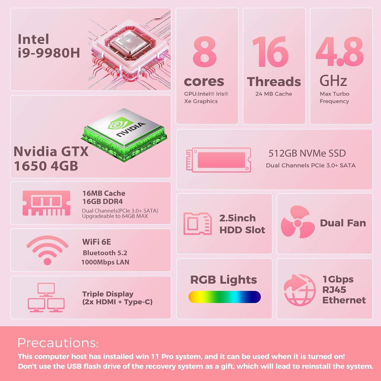 sinbun Mini Gaming PC, in-tel Core i9-9980HK(8C/16T, Max 4.8GHz), GeForce GTX1650 4G RGB Lights Gaming Computer, 16GB RAM 512GB SSD, Triple 4K Display, WiFi 6E BT 5.3, 1G LAN, Windows 11 Pro, Pink