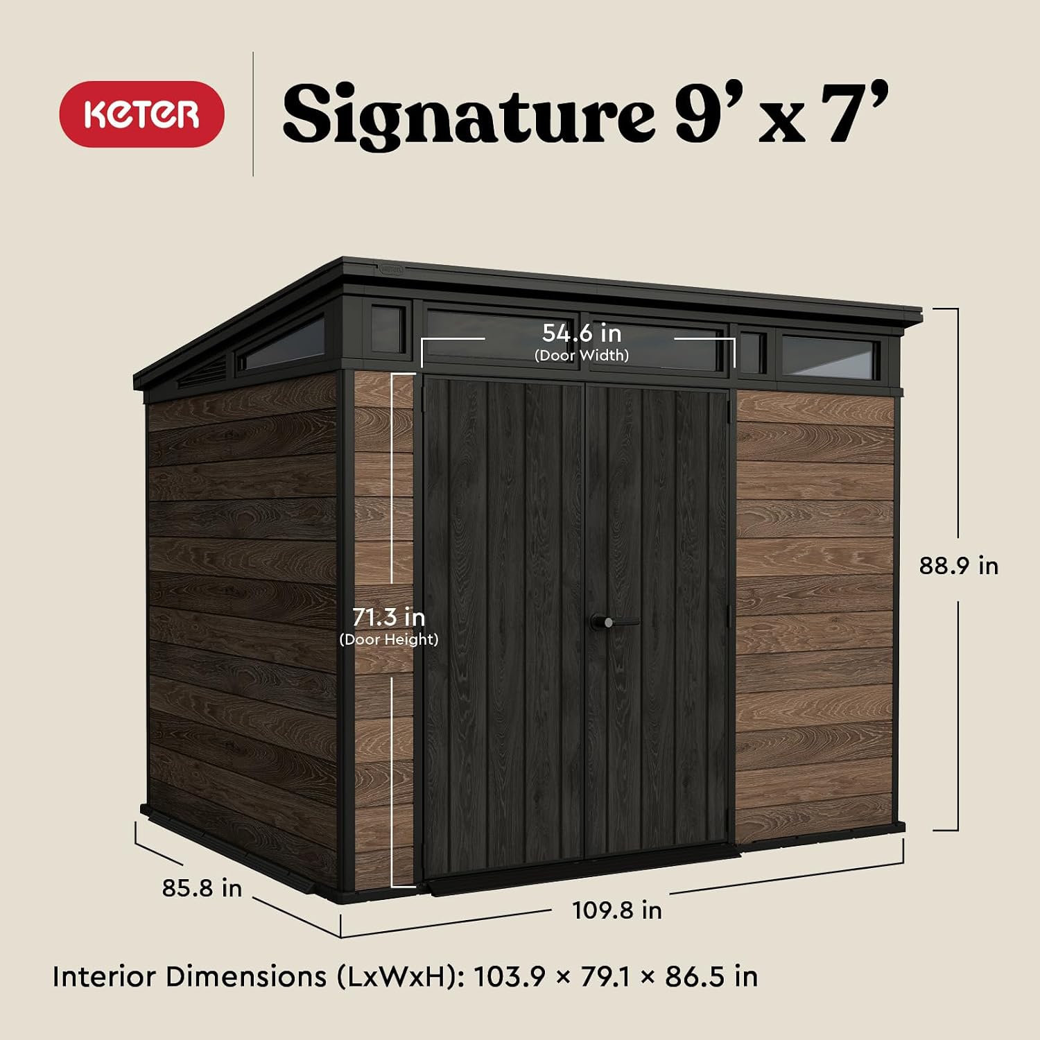 Keter Signature Collection 9x7 Ft All-Weather Storage Shed with Skylight, Window, Built-in Ventilation, & Lockable Double Doors, Walnut
