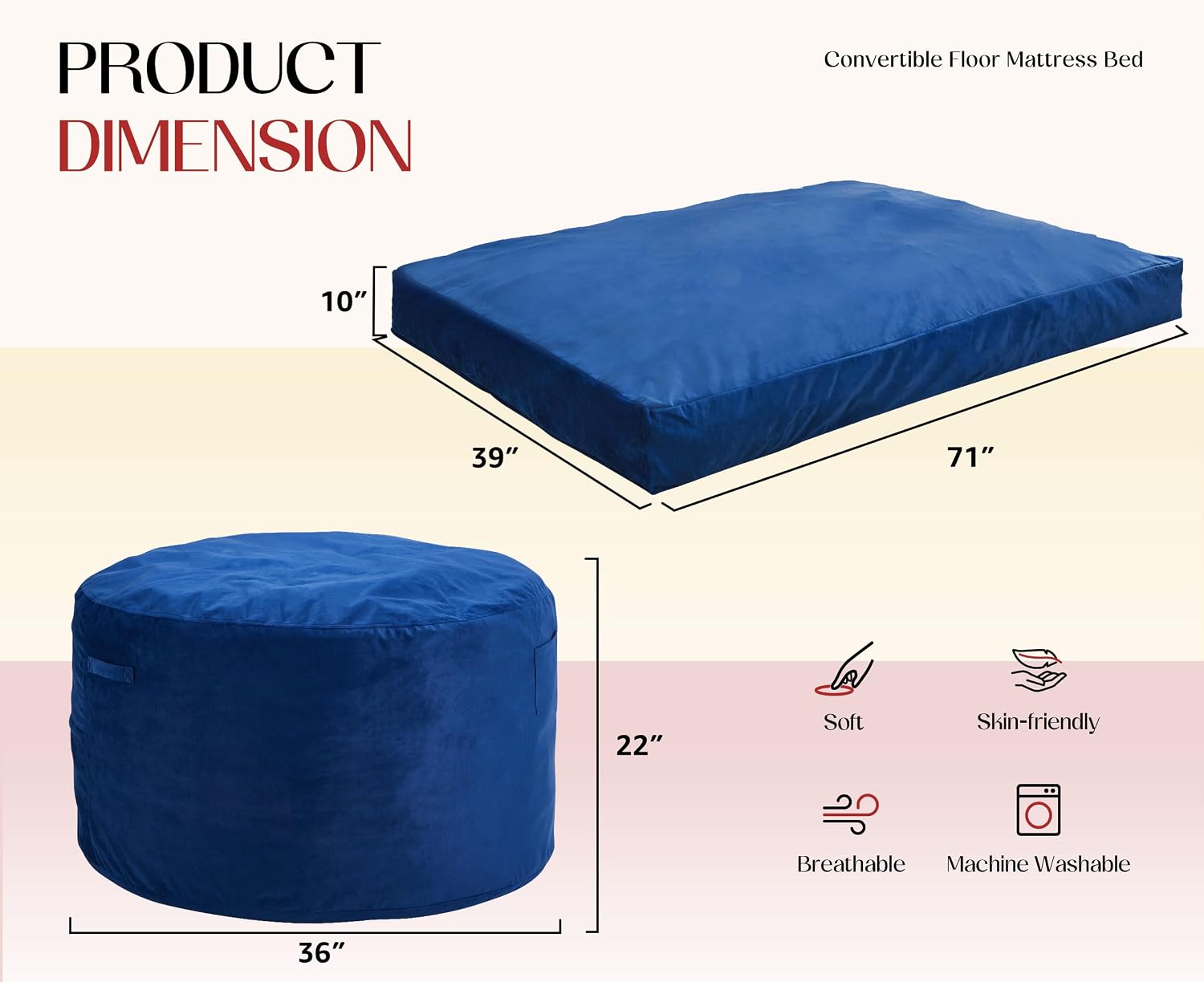 Hobestluk Giant Bean Bag Chair Bed for Adults, Large Bean Bags with High-Density Foam Filling, Convertible Big Sofa Bed Couch for Living Room, Bedroom, Playroom (Blue, Twin)
