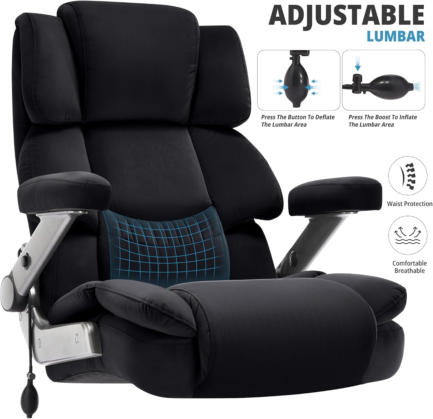 Fabric 700lbs Big and Tall Office Chair-Large Computer Chair with Adjustable Lumbar Support 3D Flip Arms Plus Size Wheels, High Back Executive Desk Chair, Heavy Duty Metal Base, Thick Padded Wide Seat