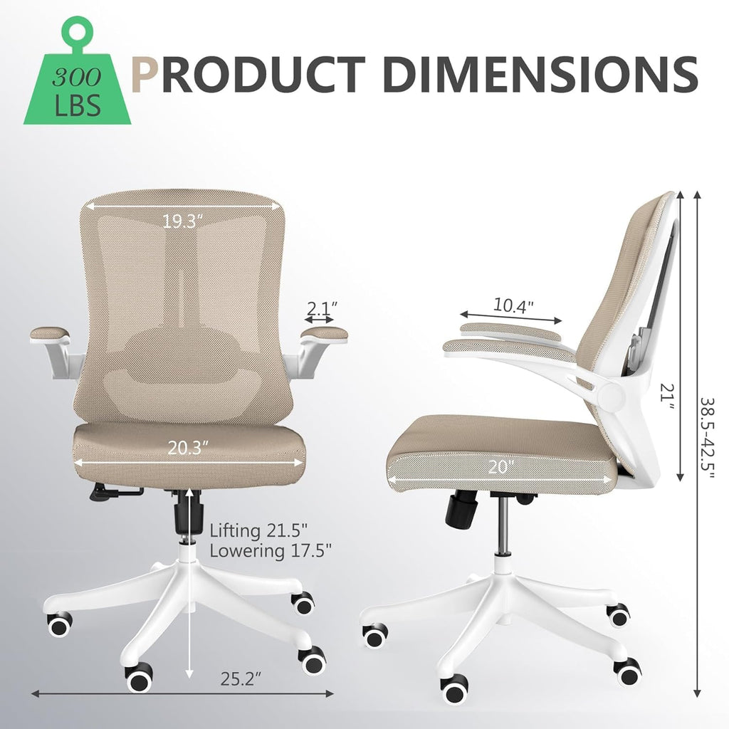 Ergonomic Office Chair with Adjustable Lumbar Support & Flip-Up Armrests - High Back Computer Desk Chair with Thickened Seat Cushion, Rolling Wheels for Home/Office Study Work (08khaki)