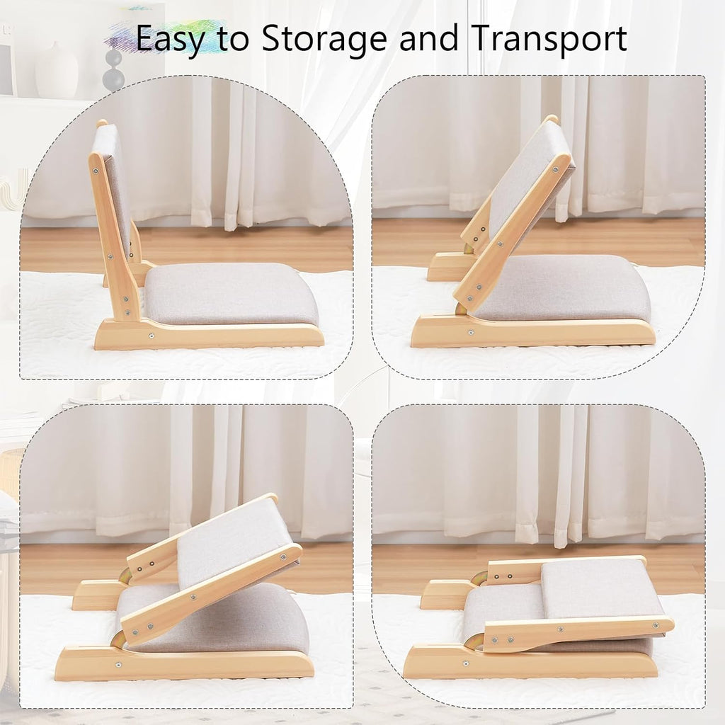 Japanese Floor Chair with Back Support, Foldable Meditation Chair, Legless Tatami Chair with Cushion, Floor Seat for Living Room, Bedroom, Bay Window (2, Gray)