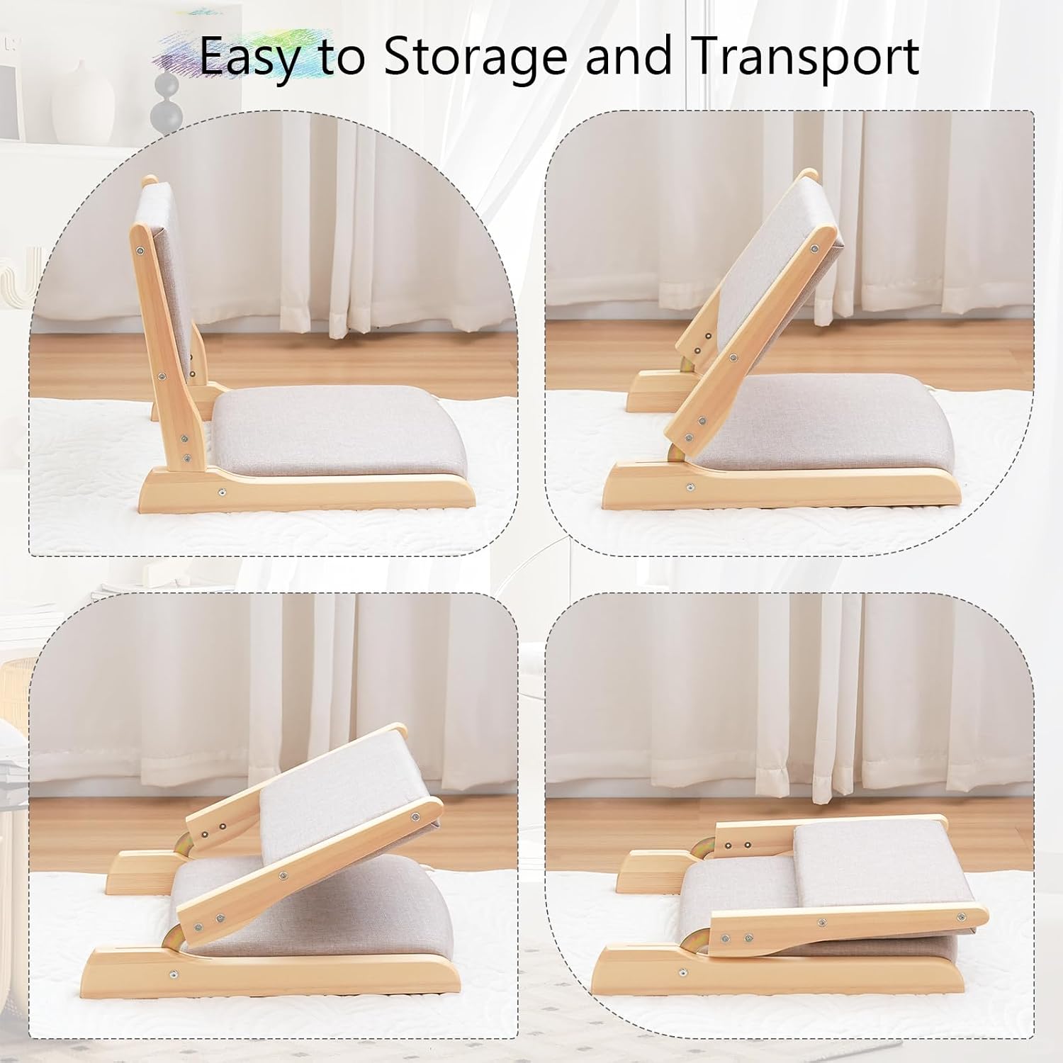 Japanese Floor Chair with Back Support, Foldable Meditation Chair, Legless Tatami Chair with Cushion, Floor Seat for Living Room, Bedroom, Bay Window (2, Gray)