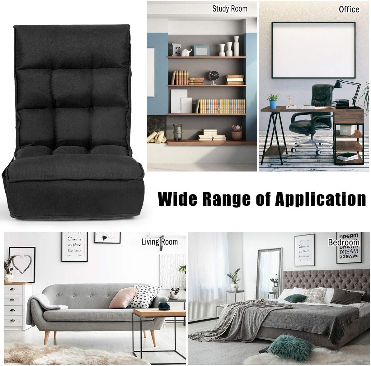 ARLIME 4-Position Adjustable Floor Chair, Armless Gaming Chair w/Back Support & Soft Cushion, Memory Foam Floor Lazy Sofa for Gaming, Reading, Meditating (Black)