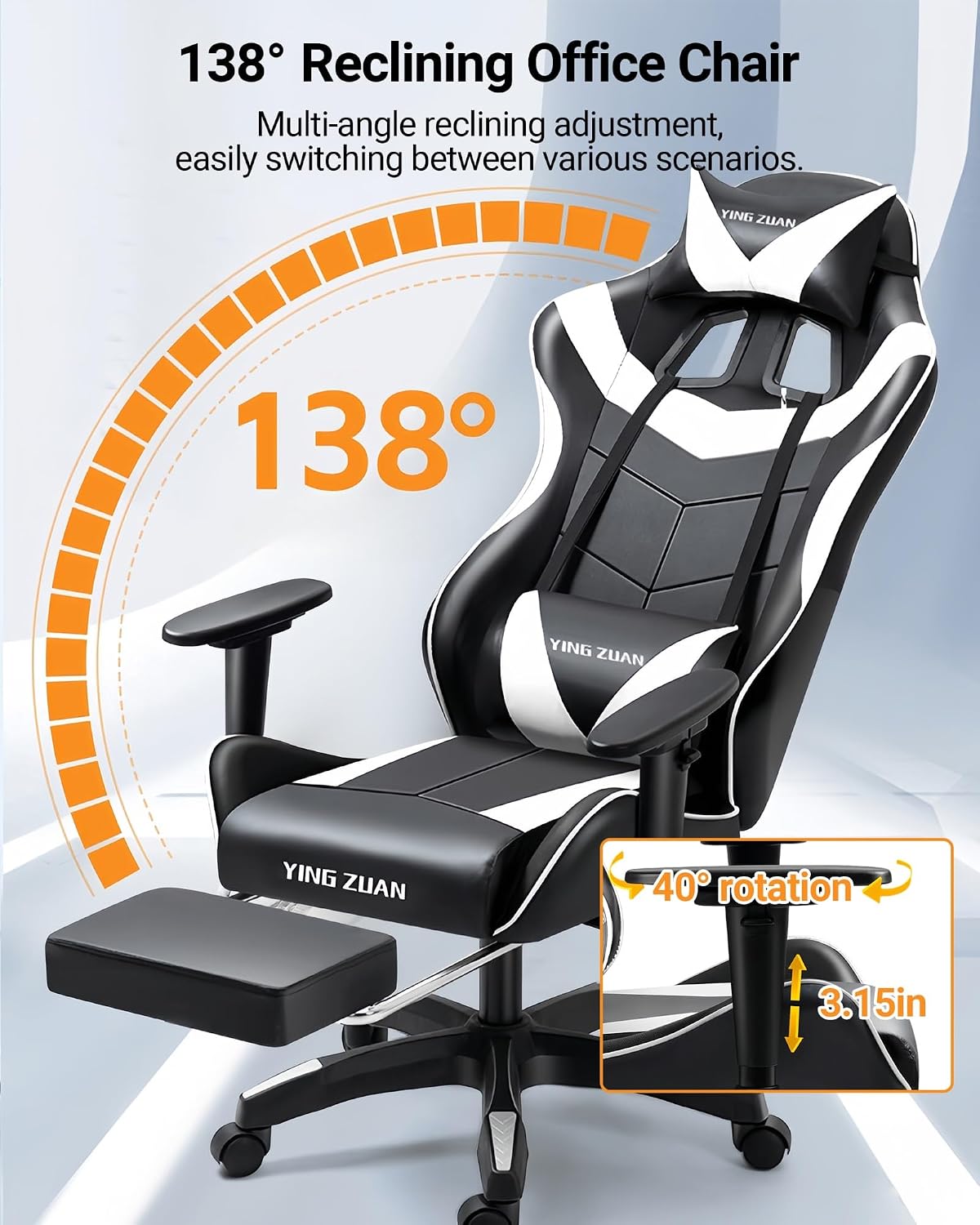 Ergonomic Gaming Chair with Latex Seat, High Back Computer Office Chair with Speakers & Massage Lumbar Support, 3D Adjustable Armrests, Retractable Footrest, 138° Reclining for Adults(Black+White)
