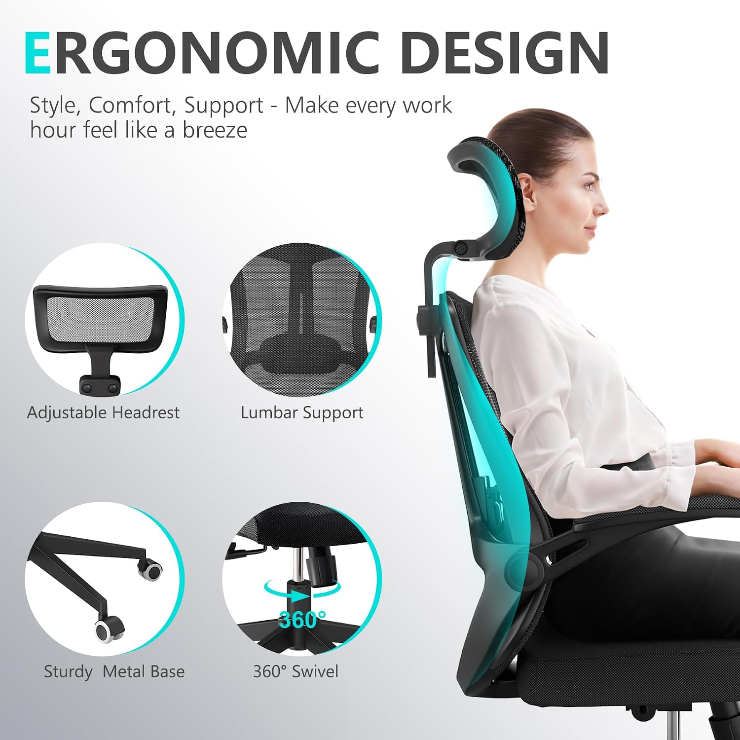 balmstar Office Chair Desk Chair, Ergonomic Mesh Computer Chair with 90-130° Recline & 360° Smooth-Rolling Casters, Adjustable Lumbar Support Task Chair, Comfortable for Women, Teens(A-All Black)