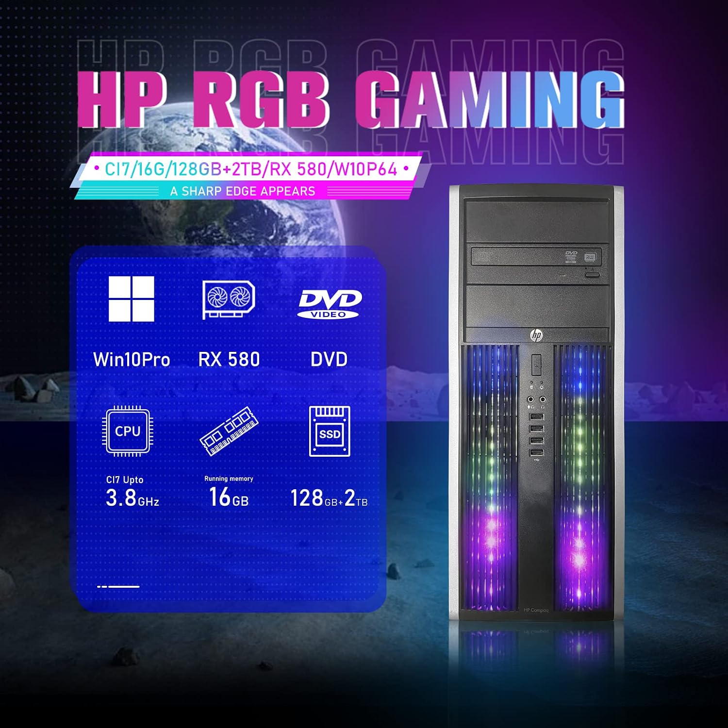 HP RGB Gaming PC Desktop Computer - Intel Quad I7 up to 3.8GHz, 16GB Memory, 128G SSD + 2TB, Radeon RX 580 8G, RGB Keyboard & Mouse, DVD, WiFi & Bluetooth, Windows 11 (Renewed)
