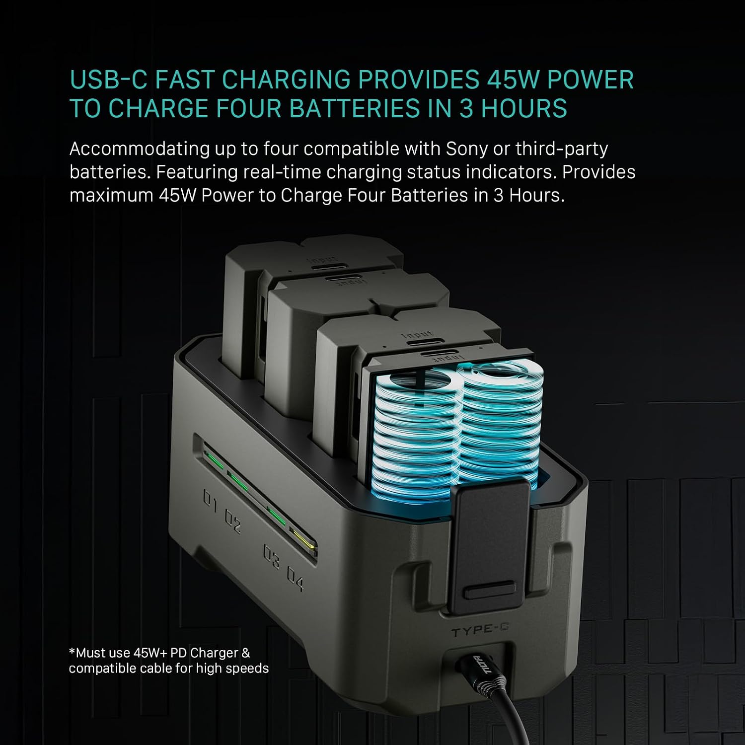 Tilta Portable Charging Station w/ 4 Batteries for NP-FZ100 Battery | Charge 4 Batteries w/USB-C PD 45W Fast Charge | Safe for A6600, A6700, A7C, A7III, A7IV, A7RIII/IV, A7S Il, FX3,FX30,A1 – Green