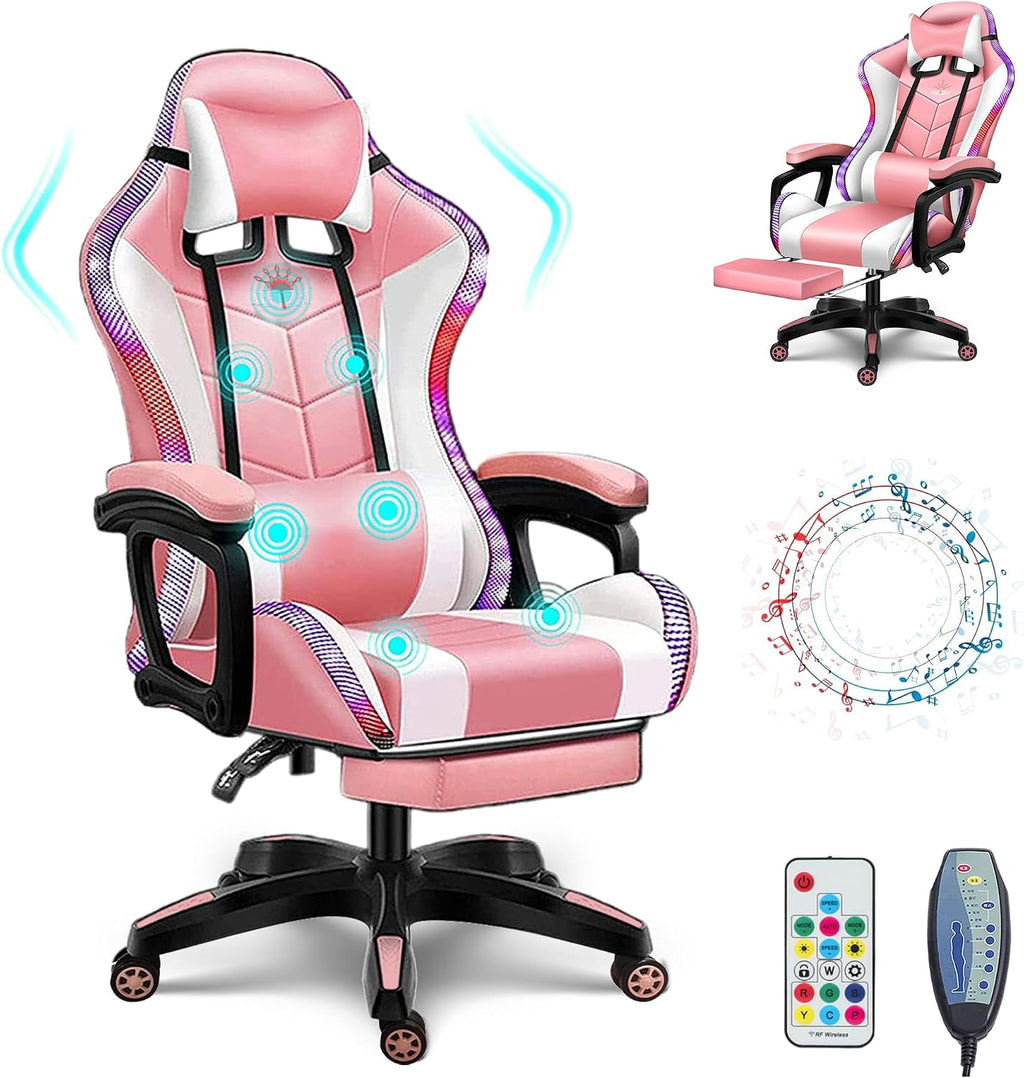 Video Gaming Chairs with LED Light, Bluetooth Speakers Computer Chair with Full Massage Lumbar Support, Ergonomic Pro Gaming Chair for Retractible Footrest and Backrest Adjustable,Pink
