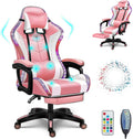 Video Gaming Chairs with LED Light, Bluetooth Speakers Computer Chair with Full Massage Lumbar Support, Ergonomic Pro Gaming Chair for Retractible Footrest and Backrest Adjustable,Pink
