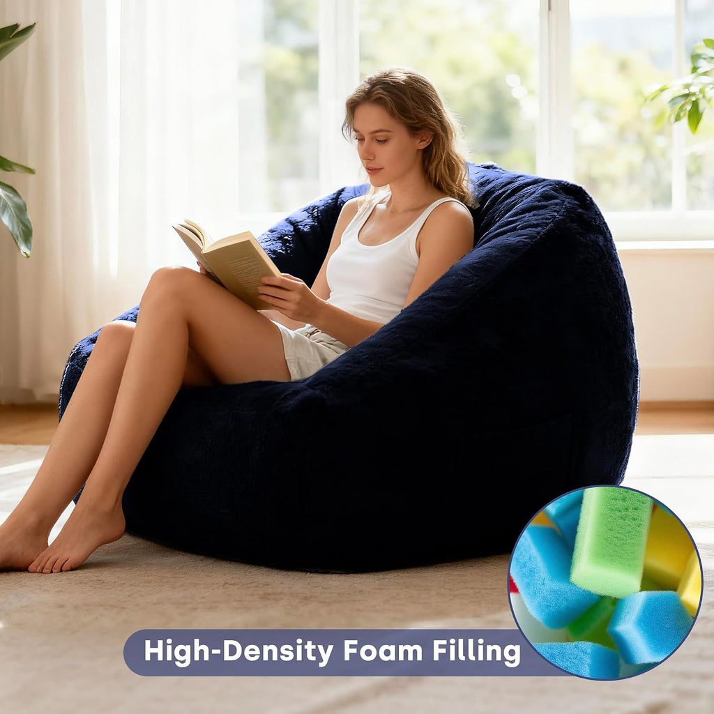 SUNBURY 47.2' L-Shaped Bean Bag Chair with Arms, Memory Foam Filled Lazy Sofa with Portable Handle & Side Pocket, Plush Floor Chair for Adults, Game Room, Bedroom, Living Room (Blue)