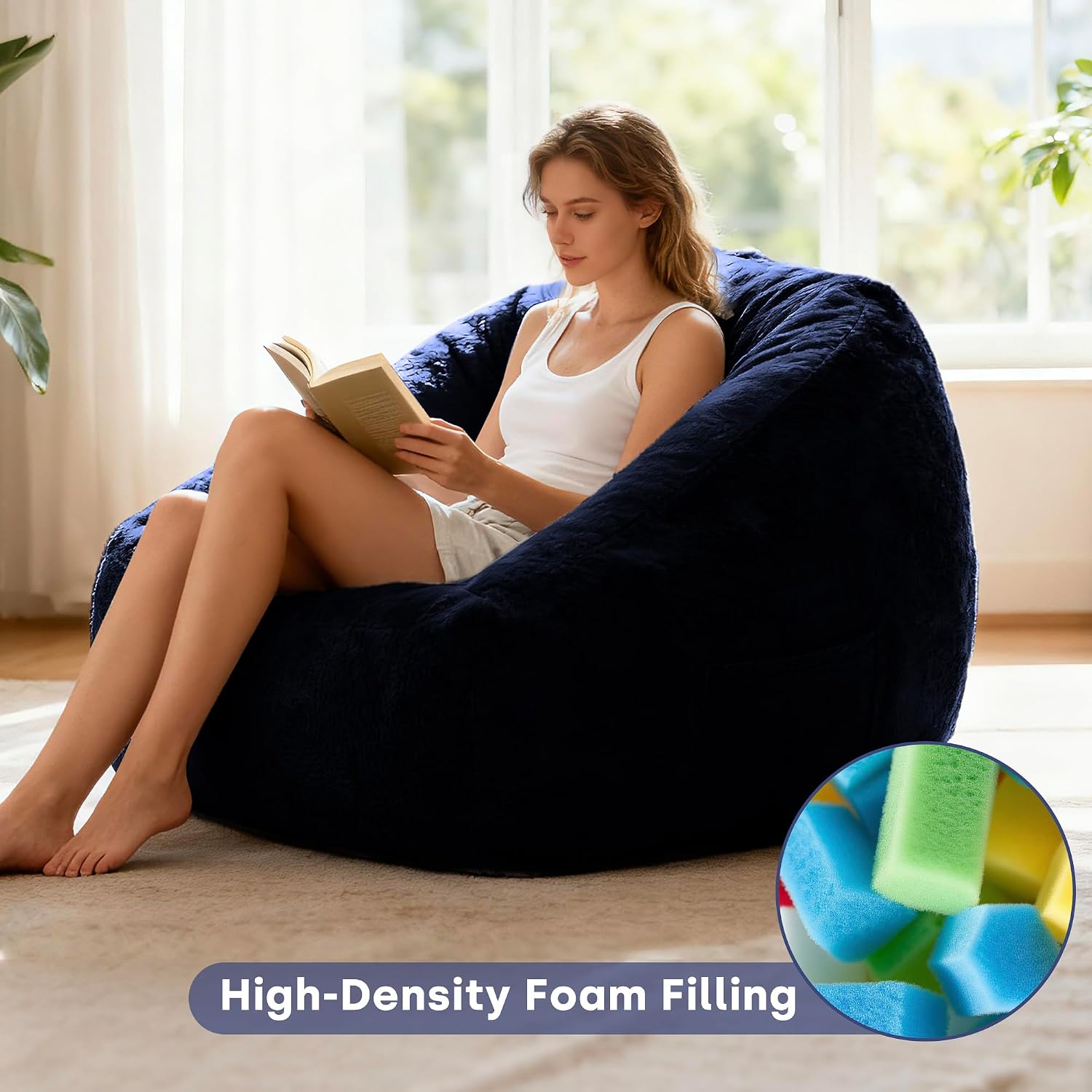 SUNBURY 47.2' L-Shaped Bean Bag Chair with Arms, Memory Foam Filled Lazy Sofa with Portable Handle & Side Pocket, Plush Floor Chair for Adults, Game Room, Bedroom, Living Room (Blue)
