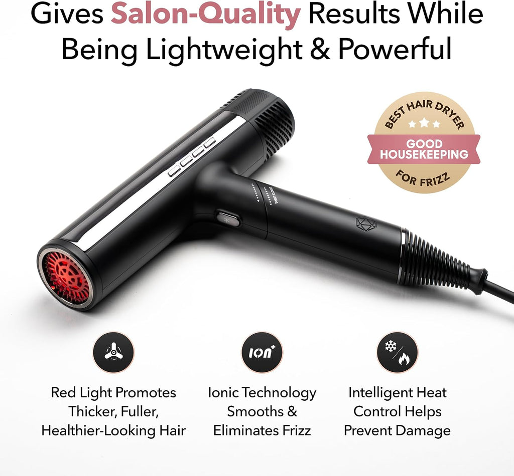 SRILabs DryQ 'Smart' Hair Dryer – Super Lightweight, Foldable – Powerful, Quiet Motor – Infrared & Ionic Technology – 3 Magnetic Attachments – Heat Control with Locking Switch