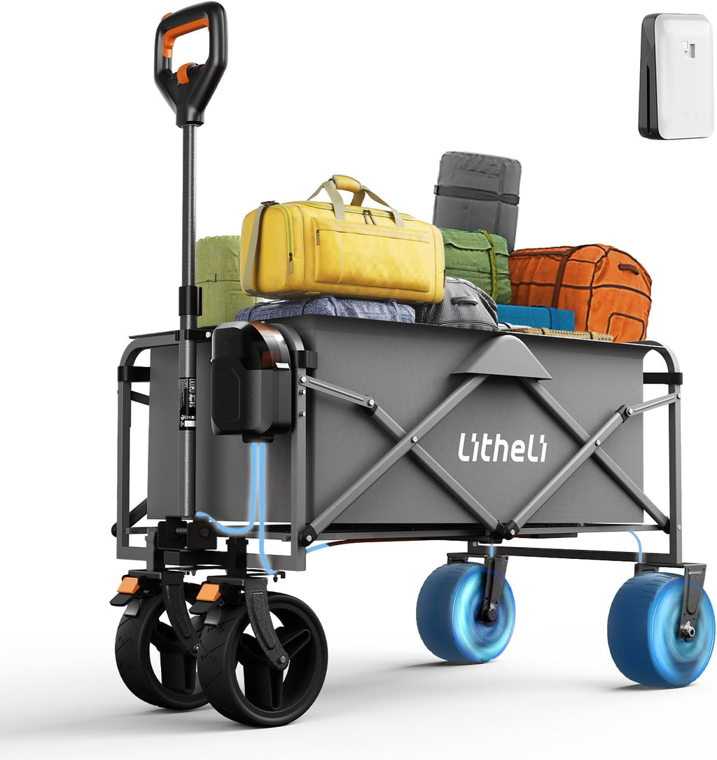Litheli Electric Collapsible Wagon Cart with Brakes, 100L Grocery Cart with Wheels,Easy to Carry Folding Wagon for Camping, Gardening, Shopping