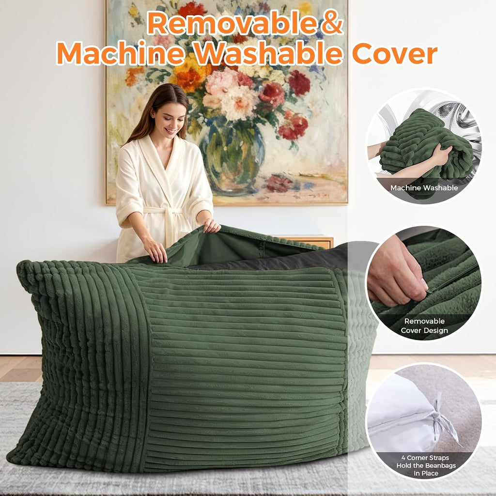3 in 1 Giant Bean Bag Chair, Convertible Bean Bag Bed for Adults and Kids, Oversized Comfy Memory Foam Floor Sofa with Machine Washable Cover for Living Room, Bedroom & Dorm(Green)