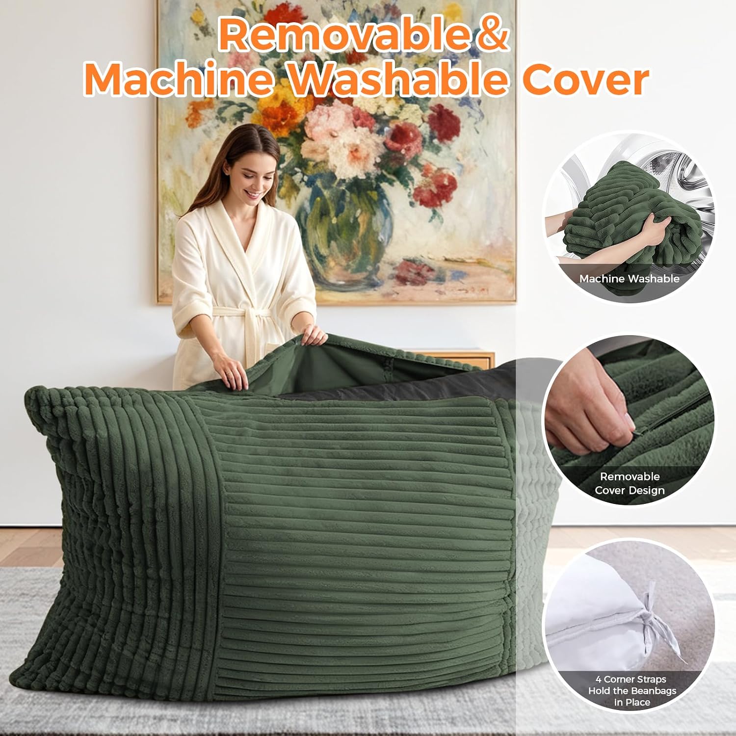 3 in 1 Giant Bean Bag Chair, Convertible Bean Bag Bed for Adults and Kids, Oversized Comfy Memory Foam Floor Sofa with Machine Washable Cover for Living Room, Bedroom & Dorm(Green)