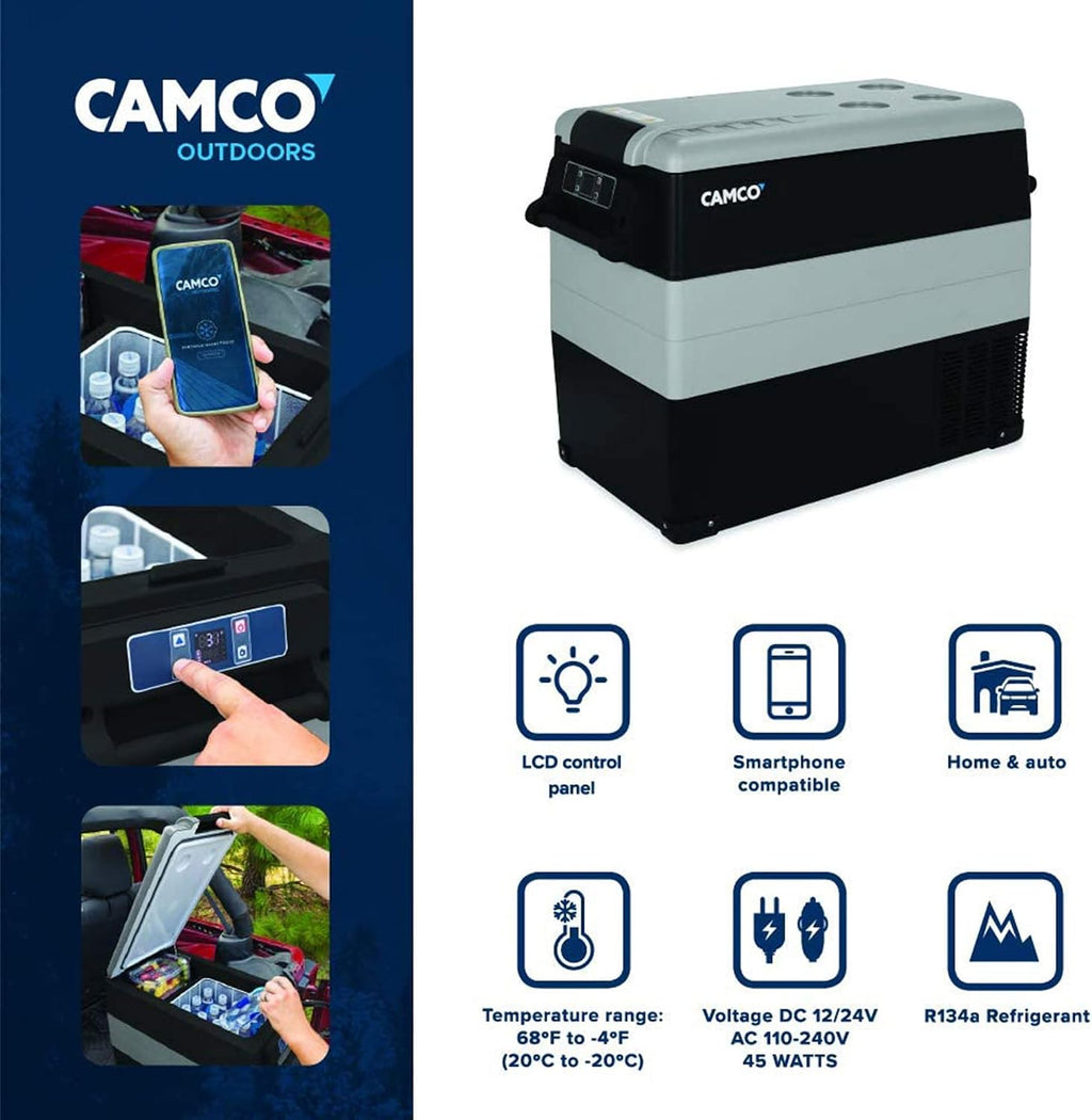Camco 51518 CAM-550 Portable Refrigerator, AC 110V/DC 12V Compact Fridge/Freezer, 55-Liter - Keeps Food and Drinks Cold While On-The-Go - Ideal for Road Trips, RVing, Camping, Boating and Tailgating , Black