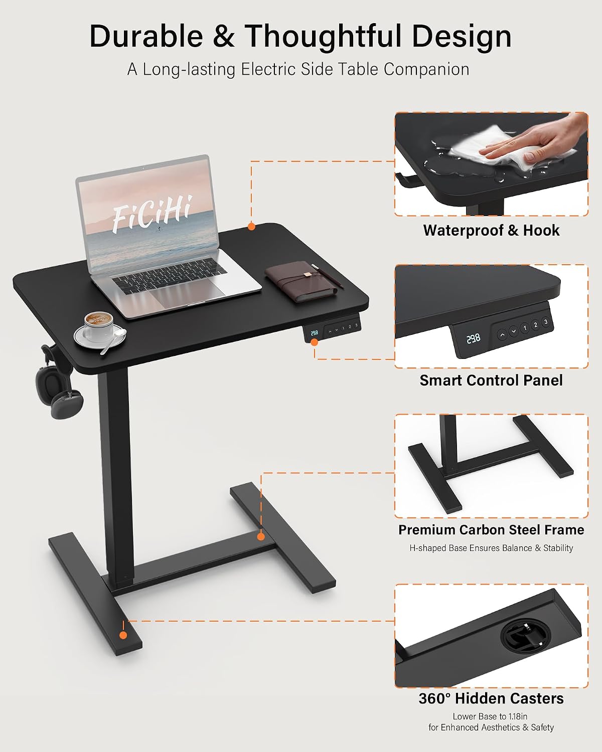 FiCiHi Electric Standing Desk with Wheels – Adjustable Height Mobile Sit-Stand Laptop Table, Portable Rolling Small Computer Workstation for Home Office & Bedside Use (28'x16', Black)