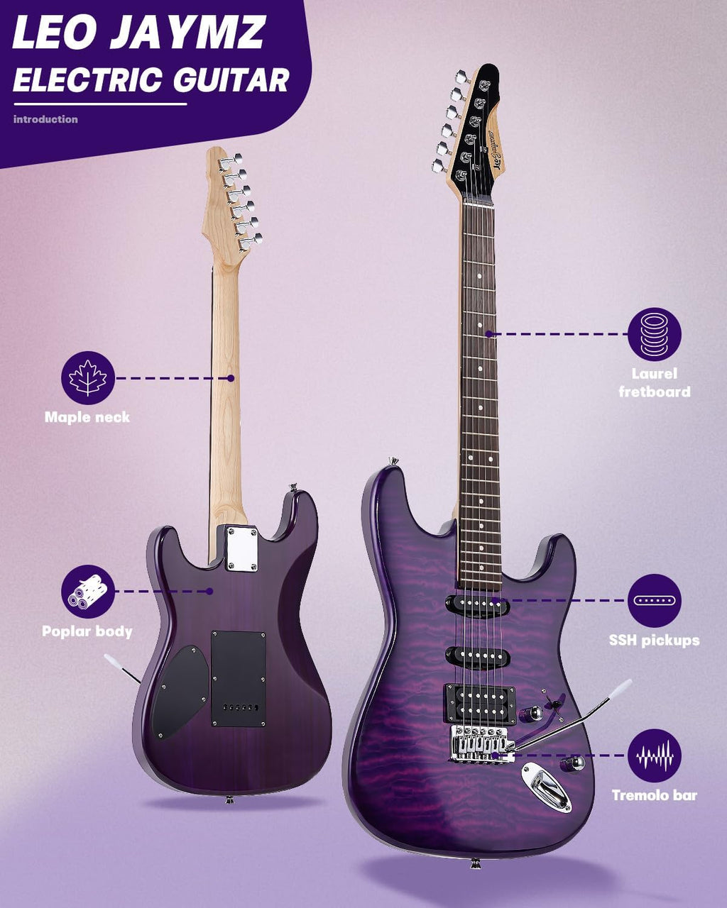 Leo Jaymz 39' Full Size ST Style Electric Guitar Starter Kit with SSH Pickup, 5W Portable Amp, Tuner, Gig Bag, Strap & Accessories (Violet Ocean)