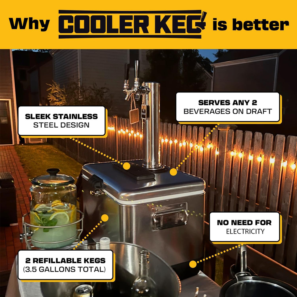 Portable Kegerator Stainless Steel Insulated Draft System: 2 Refillable 1.75 Gallon Kegs, 24 Hours Ice Cold, No Electricity, Dual Taps, 4 CO2 Cartridges. Beer, Mixed Drinks, Cocktails, Mead