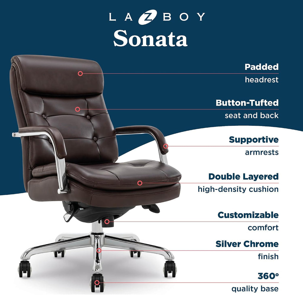 La-Z-Boy Sonata Executive Mid-Back Office Chair, Button-Tufted Seat and Back, Double-Layer Cushion, Padded Armrests, Ergonomic Computer DeskChair, Swivel Metal Base, Bonded Leather, Dark Brown/Chrome