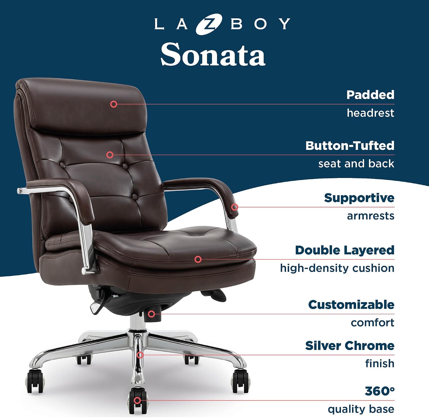 La-Z-Boy Sonata Executive Mid-Back Office Chair, Button-Tufted Seat and Back, Double-Layer Cushion, Padded Armrests, Ergonomic Computer DeskChair, Swivel Metal Base, Bonded Leather, Dark Brown/Chrome