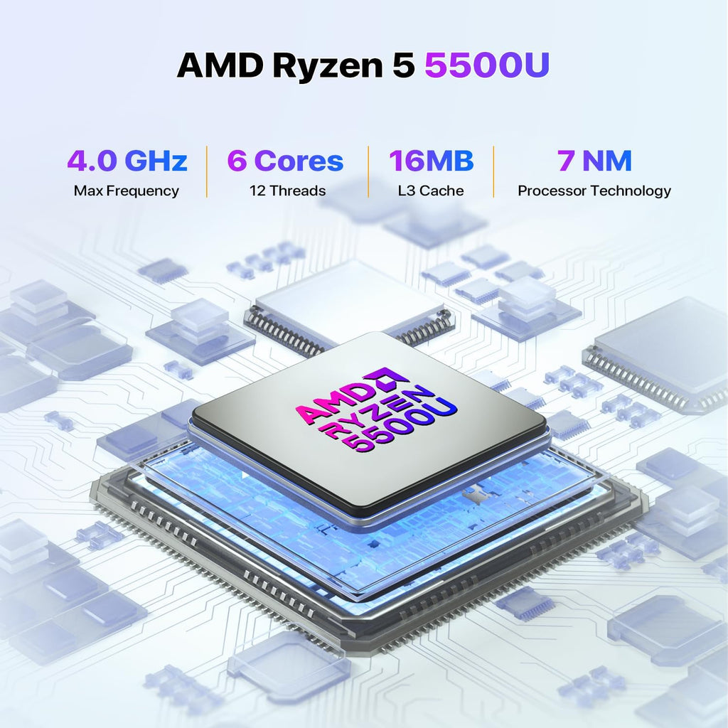 Trycoo Mini PC AMD Ryzen 5 5500U(4.0GHz) Mini Processors 16GB DDR4 RAM 512GB SSD Micro PC Support 4K@60Hz Triple Output WiFi6 BT5.2 Dual RJ45 USB3.2 Mini Desktop Computer